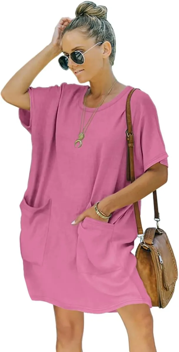 Womens Casual Summer T Shirt Dress Elastic Loose Short Sleeve Dress with Pocket for Women