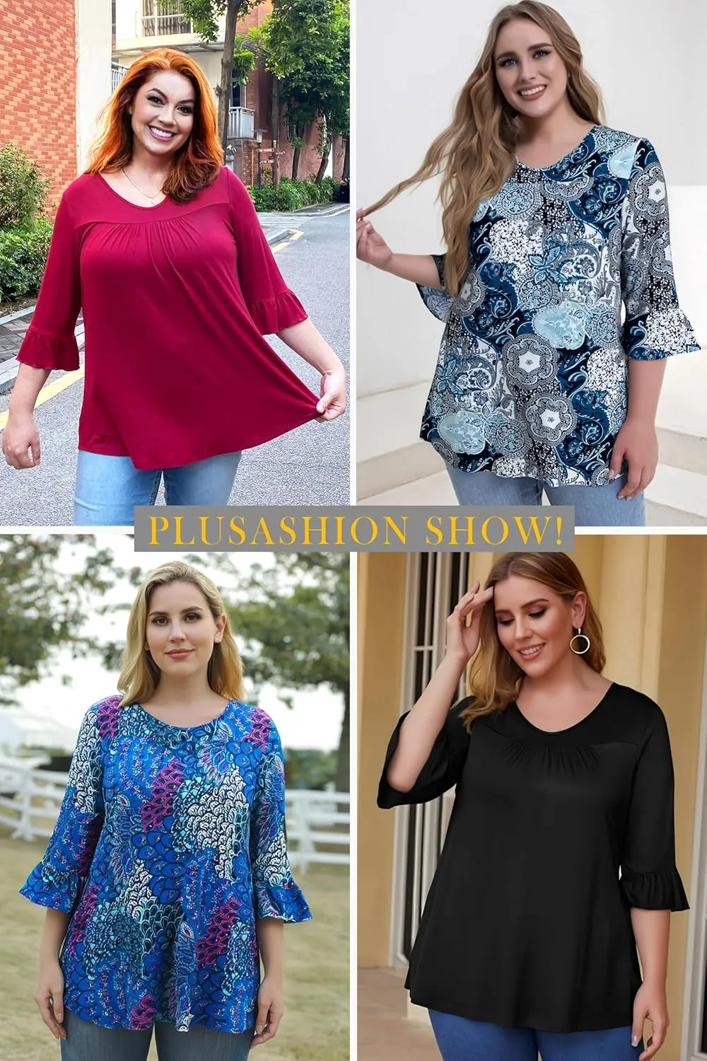 Womens Plus Size Tops 3/4 Ruffle Sleeve Shirts Loose V-Neck Dressy Casual Tunic Blouses