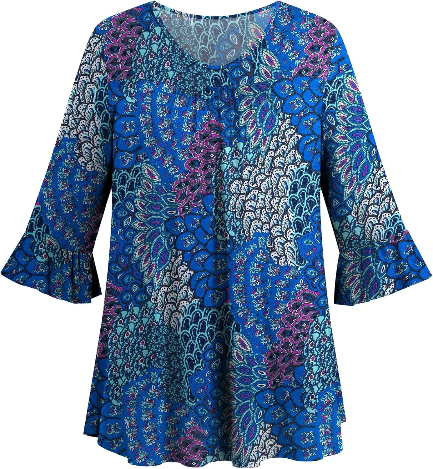 Womens Plus Size Tops 3/4 Ruffle Sleeve Shirts Loose V-Neck Dressy Casual Tunic Blouses