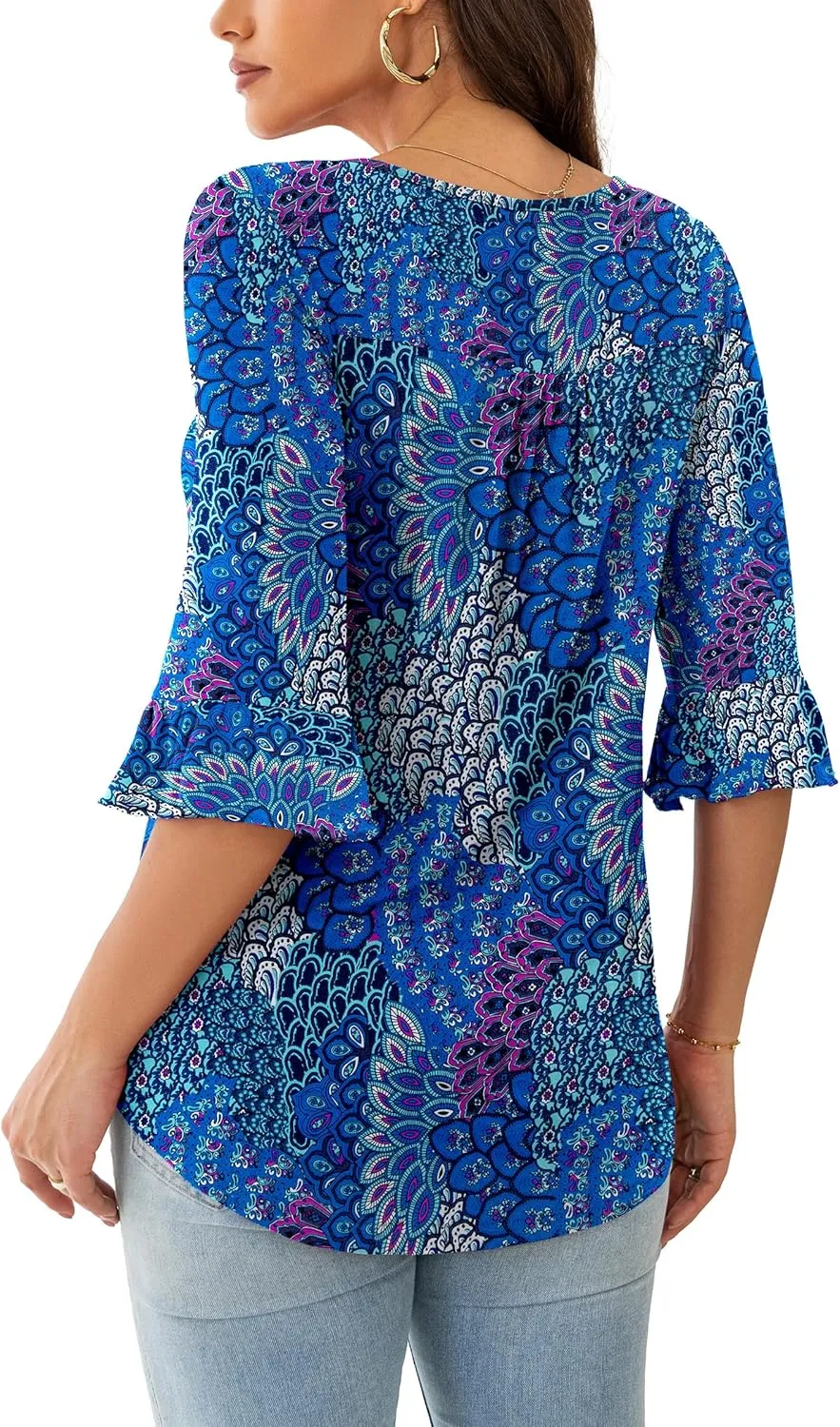 Womens Plus Size Tops 3/4 Ruffle Sleeve Shirts Loose V-Neck Dressy Casual Tunic Blouses