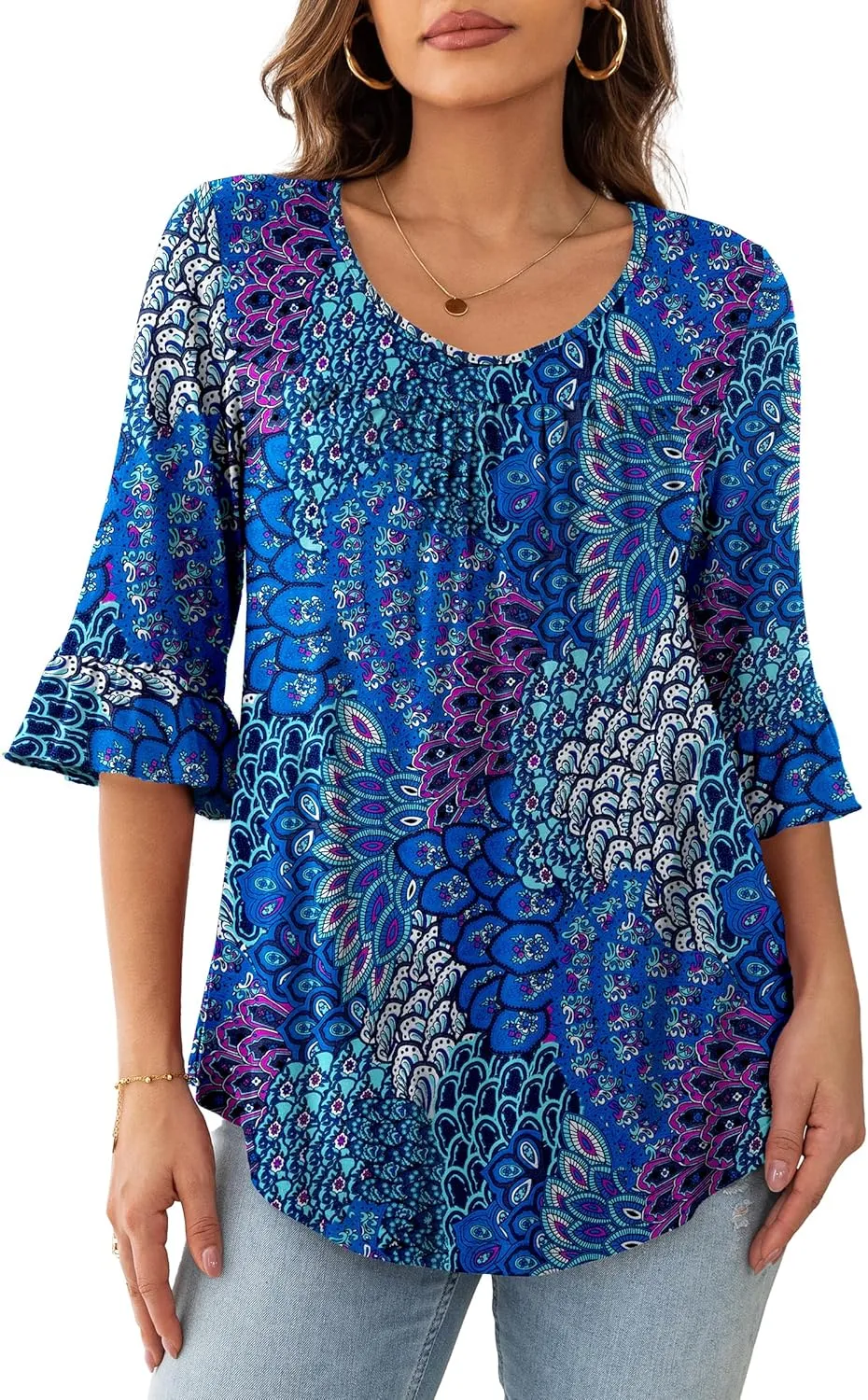 Womens Plus Size Tops 3/4 Ruffle Sleeve Shirts Loose V-Neck Dressy Casual Tunic Blouses