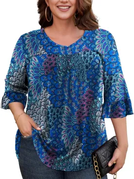 Womens Plus Size Tops 3/4 Ruffle Sleeve Shirts Loose V-Neck Dressy Casual Tunic Blouses