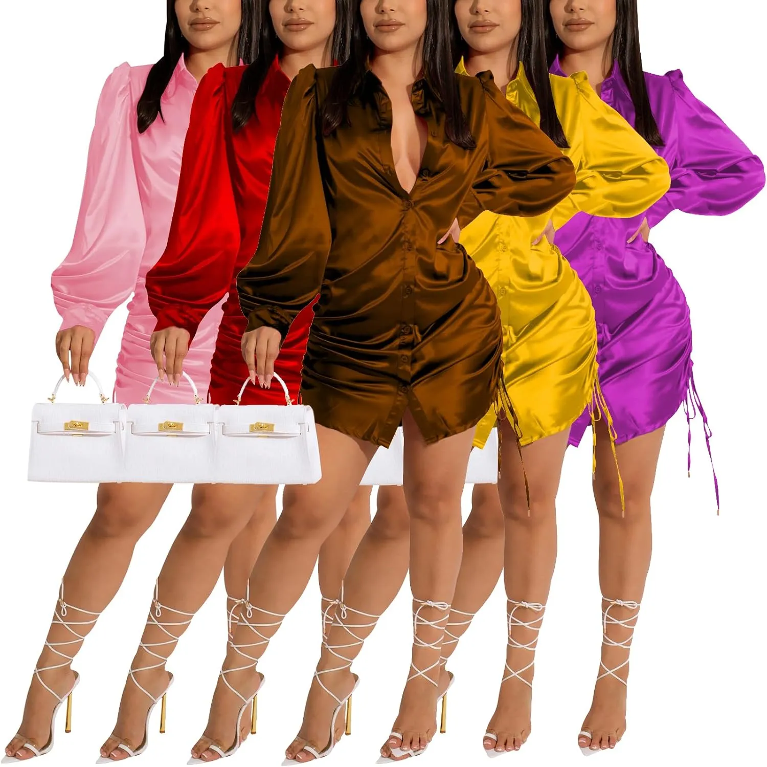 Women's Sexy Button Down Shirts Loose Collar Long Sleeve Ruched Silk Cloth Night Out Club Mini Wrap Dress Drawstring