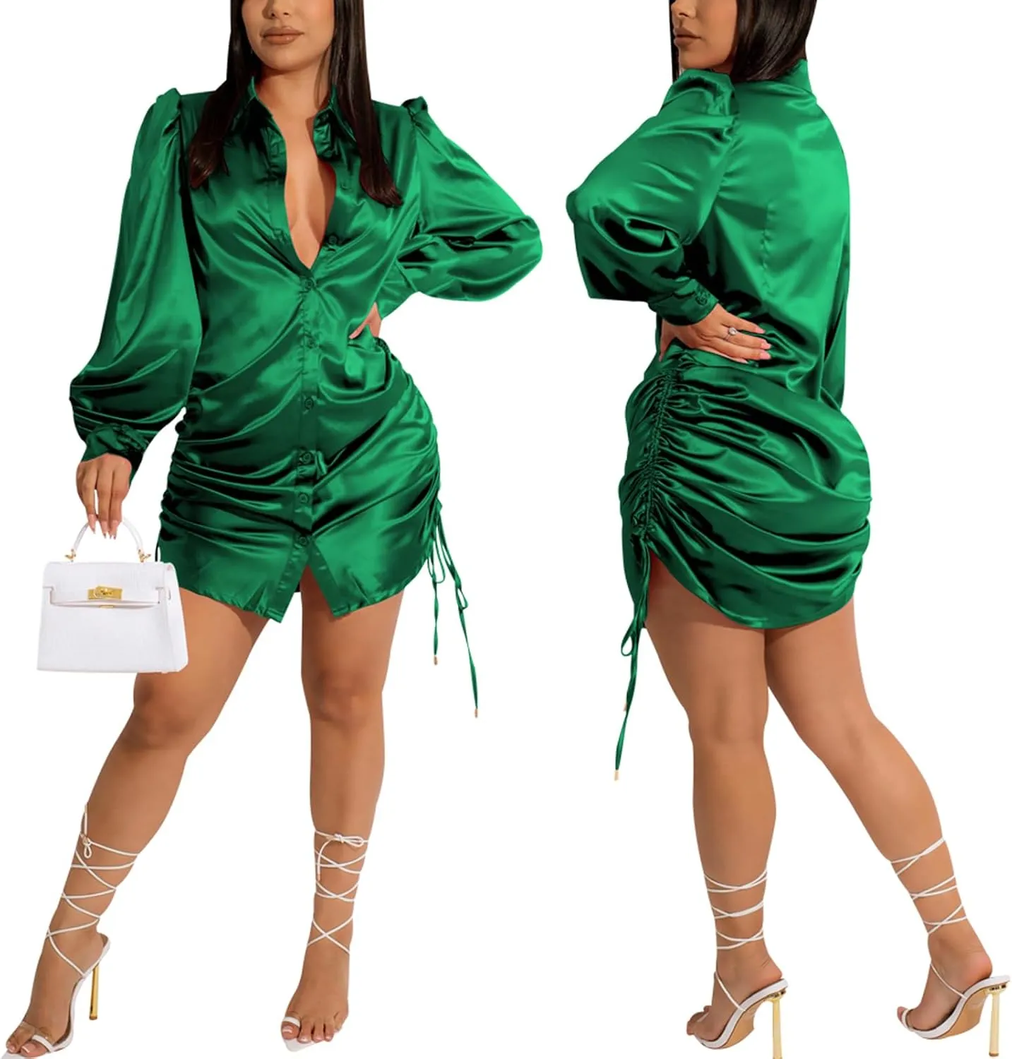Women's Sexy Button Down Shirts Loose Collar Long Sleeve Ruched Silk Cloth Night Out Club Mini Wrap Dress Drawstring