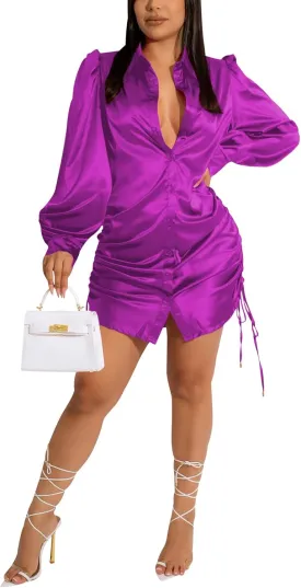 Women's Sexy Button Down Shirts Loose Collar Long Sleeve Ruched Silk Cloth Night Out Club Mini Wrap Dress Drawstring