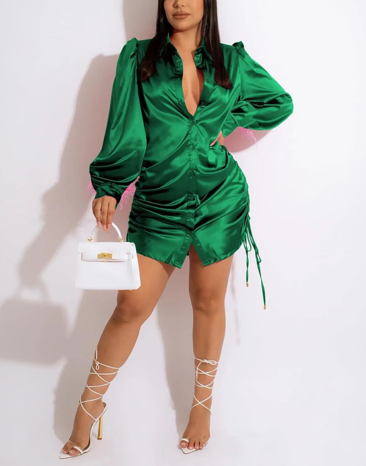 Women's Sexy Button Down Shirts Loose Collar Long Sleeve Ruched Silk Cloth Night Out Club Mini Wrap Dress Drawstring