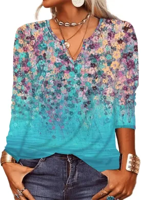 Womens Summer Casual Long Sleve V Neck T Shirts Cute Cotton Graphic Tunic Tops Tees Blouses