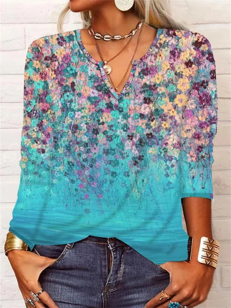 Womens Summer Casual Long Sleve V Neck T Shirts Cute Cotton Graphic Tunic Tops Tees Blouses