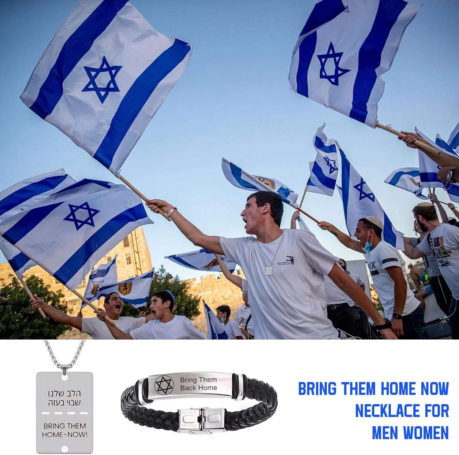 YANCHUN Bring Them Home Now Necklace for Men Women Bring Them Home Bracelet Pin Pack Israeli Jewish Star of David Leather Bracelet Support Israel I Stand with Israel Jewelry