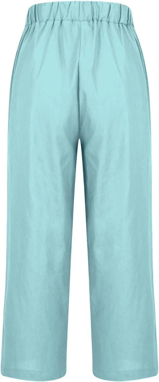 YRAETENM Cotton Linen Pants Women Elastic High Waisted Straight Leg Lounge Pants Casual Slacks Summer Trousers with Pockets