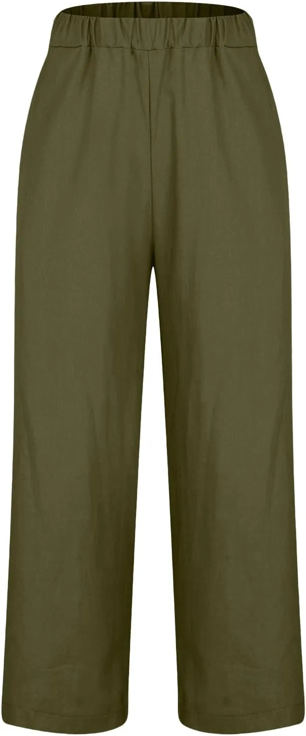 YRAETENM Cotton Linen Pants Women Elastic High Waisted Straight Leg Lounge Pants Casual Slacks Summer Trousers with Pockets