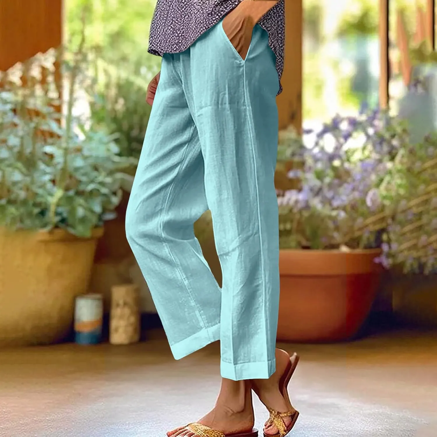 YRAETENM Cotton Linen Pants Women Elastic High Waisted Straight Leg Lounge Pants Casual Slacks Summer Trousers with Pockets