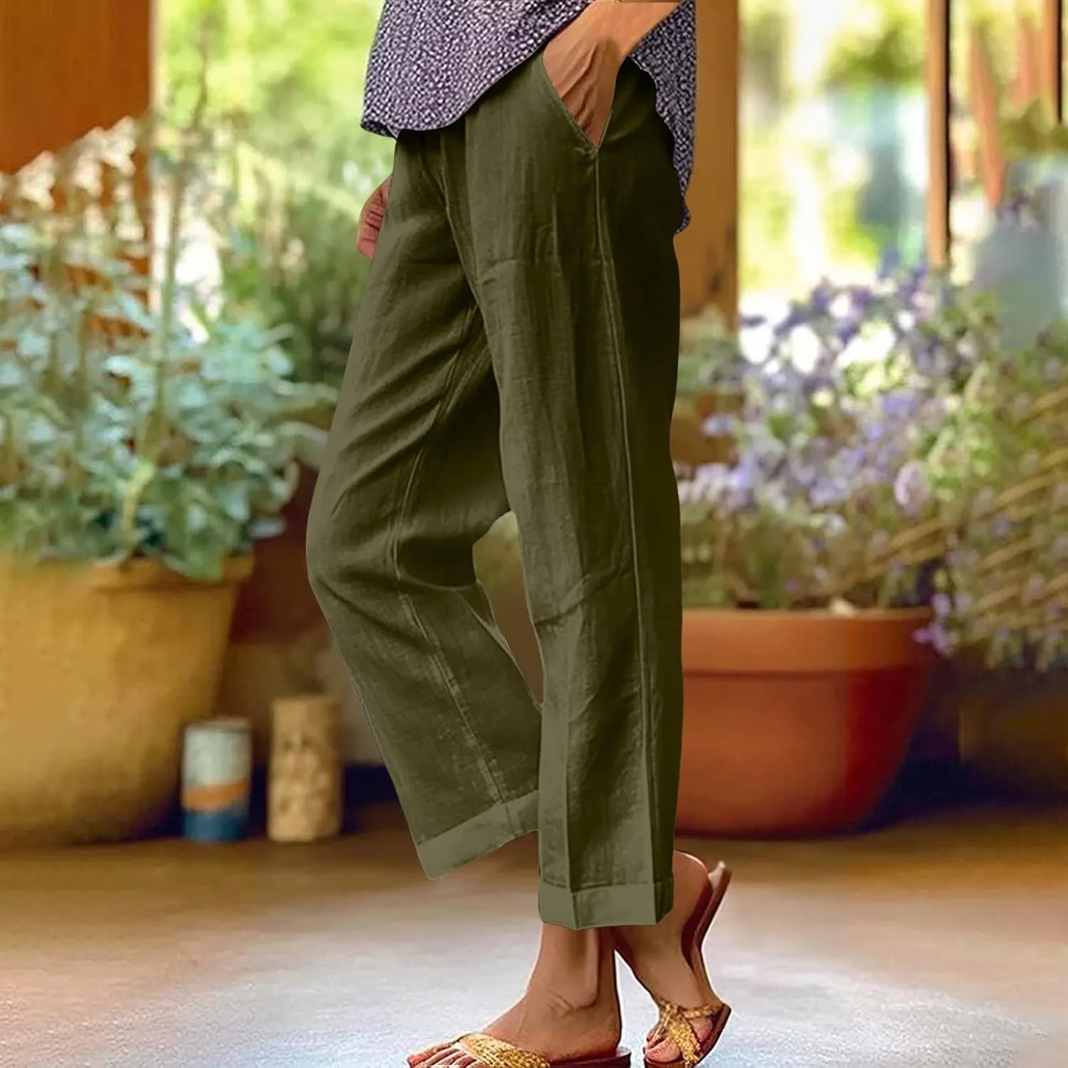 YRAETENM Cotton Linen Pants Women Elastic High Waisted Straight Leg Lounge Pants Casual Slacks Summer Trousers with Pockets