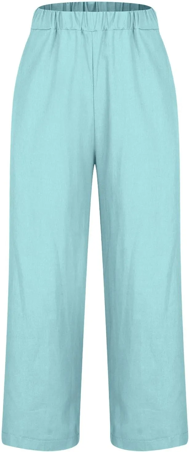 YRAETENM Cotton Linen Pants Women Elastic High Waisted Straight Leg Lounge Pants Casual Slacks Summer Trousers with Pockets
