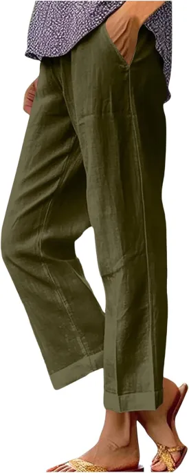YRAETENM Cotton Linen Pants Women Elastic High Waisted Straight Leg Lounge Pants Casual Slacks Summer Trousers with Pockets