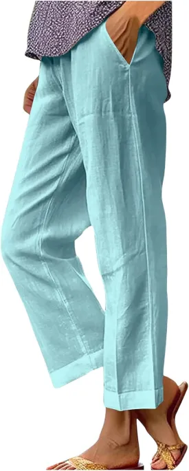 YRAETENM Cotton Linen Pants Women Elastic High Waisted Straight Leg Lounge Pants Casual Slacks Summer Trousers with Pockets