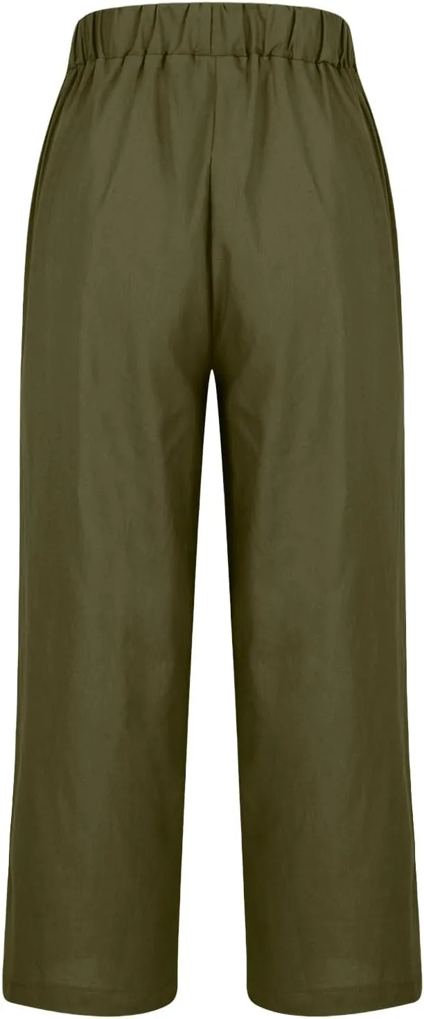 YRAETENM Cotton Linen Pants Women Elastic High Waisted Straight Leg Lounge Pants Casual Slacks Summer Trousers with Pockets